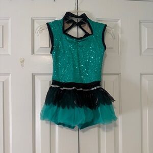 Teal Sequin Dance Costume w/ Black Feathers & Tulle Skirt